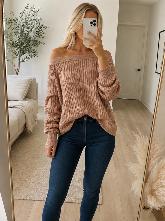 Sweaters - NWT Tan Chunky Off Shoulder Sweater Small